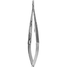 MeisterHand CASTROVIEJO Needle Holder, 5-1/2" (140mm), straight, smooth jaws, flat serrated handle w/lock. MFID: MH18-1828