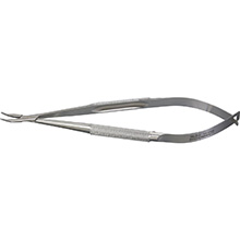 MILTEX Micro Surgery Needle Holder, with Round Handles, 0.75mm and 1.0mm Tips, 5-1/2" (140mm), Curved Jaw. MFID: 17-1000