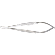 MILTEX Micro Surgery Needle Holders with round handles, 0.6 mm tips, 5-1/4" (13.3 cm), curved jaws with lock. MFID: 17-1020