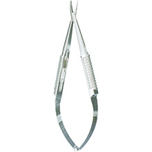 MILTEX BARRAQUER Needle Holder, curved, 5" (126.1mm), curved, 10mm Jaw length, hollow round handle with lock. MFID: 18-1839