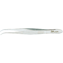 MILTEX Eye Dressing Forceps, 3-7/8" (99mm), delicate pattern, half curved, 0.55mm wide serrated tips. MFID: 18-781