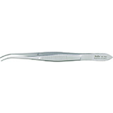 MILTEX Eye Dressing Forceps, 4" (100mm), standard pattern, half curved, 0.8mm wide serrated tips. MFID: 18-782