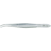 MILTEX Eye Dressing Forceps, 4" (100mm), standard pattern, half curved, 0.8mm wide serrated tips. MFID: 18-782