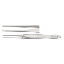 MILTEX Iris Tissue Forceps, 4" (100mm), standard pattern, straight, 1 X 2 teeth, 0.8mm wide tips, non-magnetic. MFID: 18-787