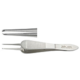 MILTEX SAUER Suturing Forceps, 3-1/2" (8.9 cm), 1 X 2 curved teeth, overlapping each other, 0.6 mm wide. MFID: 18-974