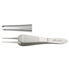 MILTEX SAUER Suturing Forceps, 3-1/2" (8.9 cm), 1 X 2 curved teeth, overlapping each other, 0.6 mm wide. MFID: 18-974