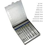 MILTEX Set of 9 SWISS Pattern Osteotomes 2 mm to 20 mm, complete in fitted sterilizer case. MFID: 27-610