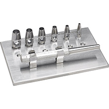 MILTEX KEYES Dermal Punch Set, 3-1/4" (83mm), Handle, 6 Punch Heads, Sizes 2, 3, 4, 5, 6, & 7 mm, and Rack. MFID: 33-30