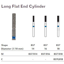 MILTEX Diamond Bur, Long Flat End Cylinder (837), Diameter= 14, Medium Grit, Blue Band. MFID: 837/014