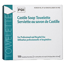 PDI CASTILE Soap Towelette, 2% Coconut Oil, 1/pk, 100 pk/bx, 10 bx/cs. MFID: D41900