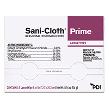 PDI SANI-CLOTH Prime Germicidal Disposable Wipes, Large, 5" x 8", 50/pk, 10 pk/cs. MFID: H06182