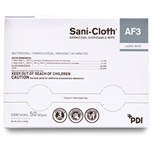 PDI SANI-CLOTH AF3 Germicidal Disposable Wipes, Individual Packets, Large, 5" x 8", 50/bx, 10 bx/cs. MFID: H59200