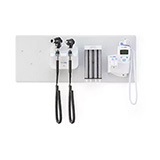 Welch Allyn 777 Integrated Wall System: PanOptic Basic LED Ophthalmoscope, MacroView Basic LED Otoscope, Specula Dispenser, SureTemp Plus Thermometer. MFID: 777-PM2WXS-US