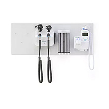 Welch Allyn 777 Integrated Wall System: PanOptic Plus LED Ophthalmoscope, MacroView Plus LED Otoscope for iExaminer, Specula Dispenser, SureTemp Plus Thermometer. MFID: 777-PM3WXS-US