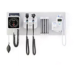 Welch Allyn 777 Integrated Wall System: Coaxial LED Ophthalmoscope, MacroView Basic LED Otoscope, Sphyg, Specula Dispenser, SureTemp Plus Thermometer. MFID: 777-SM2WAS