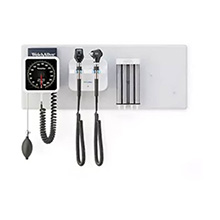 Welch Allyn 777 Integrated Wall System: Coaxial LED Ophthalmoscope, MacroView Basic LED Otoscope, Sphyg, Specula Dispenser. MFID: 777-SM2WAX