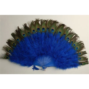 A blue Marabou Fan w/ Peacock on a white background.