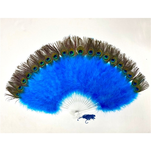 A blue Marabou Fan w/ Peacock on a white background.