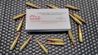 Cavity Back 6.5 Grendel 118 grain MKZ ammunition