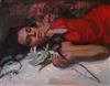 "Lilies & Red Satin", Figurative Oil Painting by C.M. Cooper