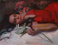 "Lilies & Red Satin", Figurative Oil Painting by C.M. Cooper