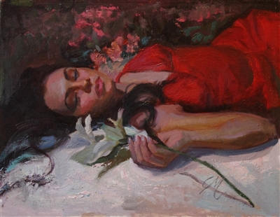 "Lilies & Red Satin", Figurative Oil Painting by C.M. Cooper