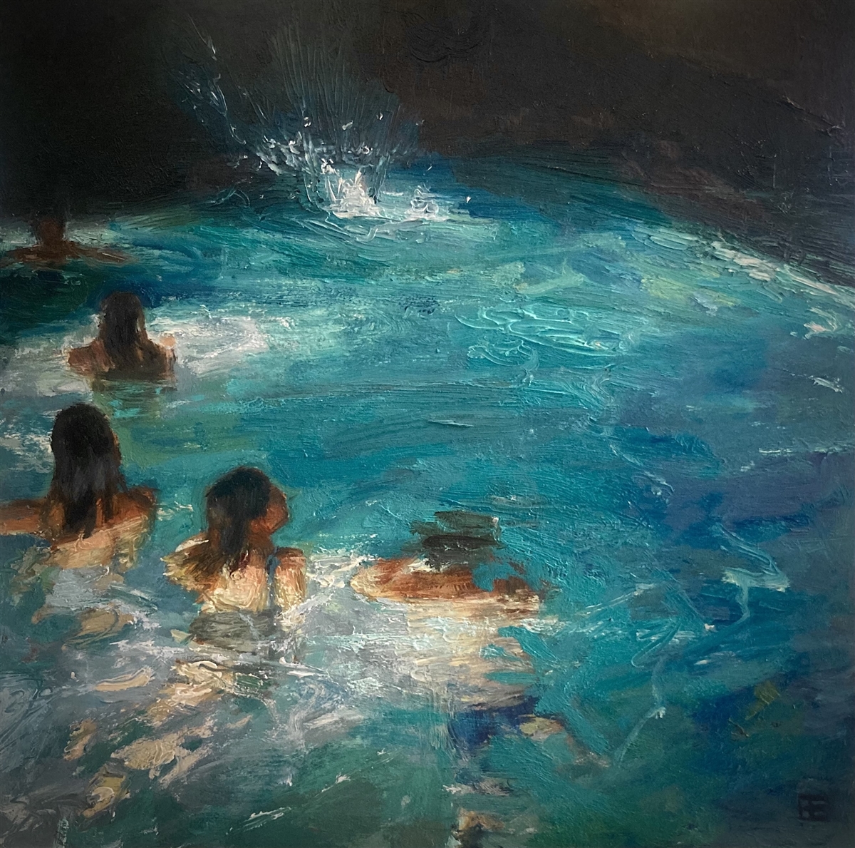 Impressionist figurative painting of a summer evening swim by E.E.