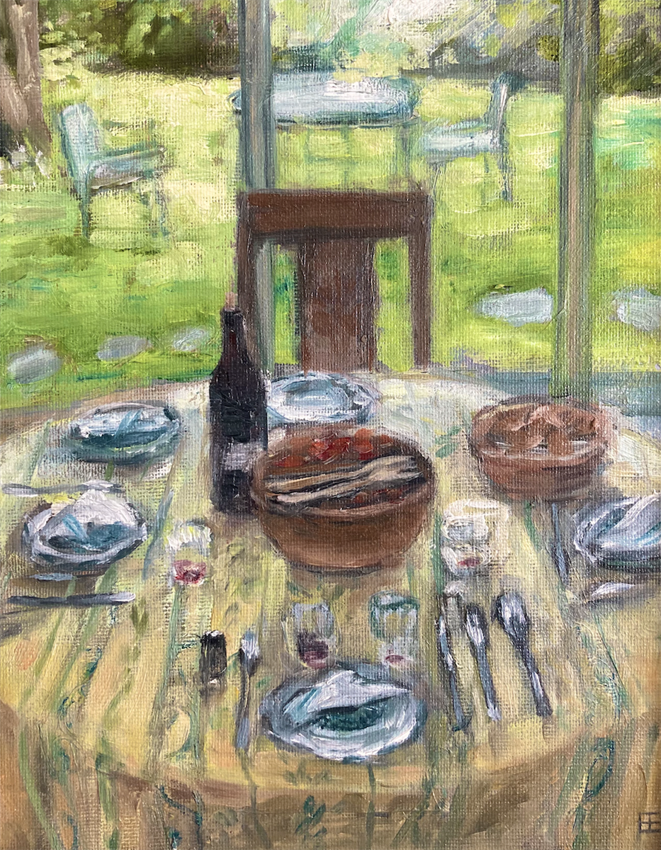 Impressionist still life oil painting by E.E. Jacks depicting a French  country meal. The 15 x 13 framed format works well in a collection for  the curated home.