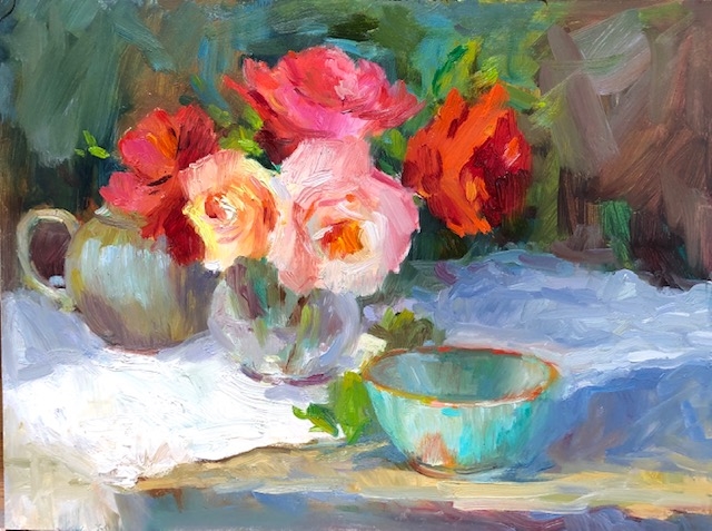 Impressionist floral still life oil painting by Jennifer Hurley. The 9" x  12" oil on board features pink and red roses with pottery objects and is  unframed.