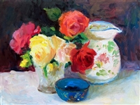 "Red & Yellow Roses With White Pitcher", Still Life Oil Painting by Jennifer Hurley