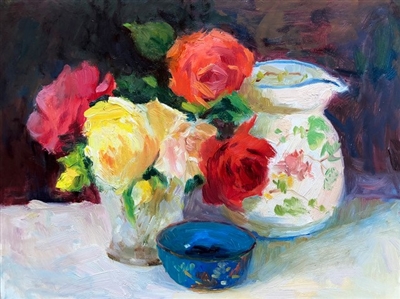 "Red & Yellow Roses With White Pitcher", Still Life Oil Painting by Jennifer Hurley