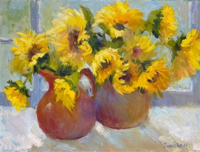 "Sunflowers in the Window", Still Life Oil Painting by Jennifer Hurley