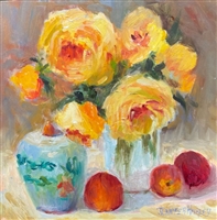 "Yellow Roses With Asian Pot", Still Life Oil Painting by Jennifer Hurley