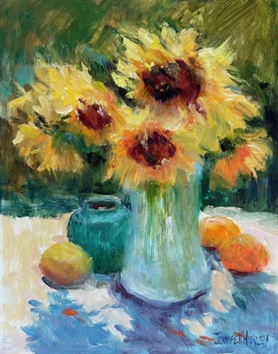 "Sunflowers & Lemons", Still Life Oil Painting by Jennifer Hurley