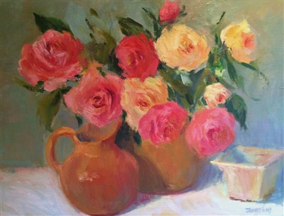 "Red & Yellow Roses in Terra Cotta", Still Life Oil Painting by Jennifer Hurley