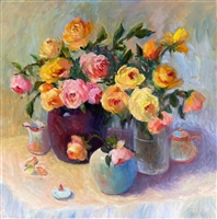 "Pink & Yellow Roses", Still Life Oil Painting by Jennifer Hurley