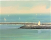 "Sail Away", Frank LaLumia Oil Painting of Sailboats Near a Breakwater