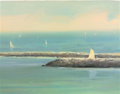 "Sail Away", Frank LaLumia Oil Painting of Sailboats Near a Breakwater