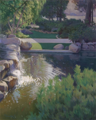 "Koi Pond III", Martha Saudek Landscape Oil Painting