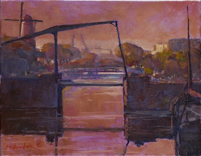"Canal View Amsterdam", Martha Saudek Oil Painting