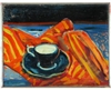"The Black Cup on Orange Material", Zolita Sverdlove (1936-2009) Still Life Oil Painting