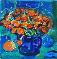"Marigolds in a Blue Cup", Zolita Sverdlove (1936-2009) Contemporary Oil Painting