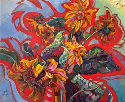 "Symphony of Sunflowers", Still Life Oil Painting by Andrea Tarman