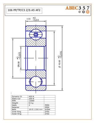 106 PP/TP/C3 Z/S #5 AF2, 6x10x3 mm, ABEC357, Full Ceramic, Zirconia ZrO2 Inner/Outer, Grade 5 Si3N4 Ceramic Balls, Peek Retainer, Peek Seals, C3 Fit, ABEC #5, AF2 Oil Lube.