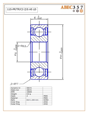 115 PP/TP/C3 Z/S #5 LD, 5x11x4 mm, ABEC357, Full Ceramic, Zirconia ZrO2 Inner/Outer, Grade 5 Si3N4 Ceramic Balls, Peek Retainer, Peek Seals, C3 Fit, ABEC #5, Lube Dry.
