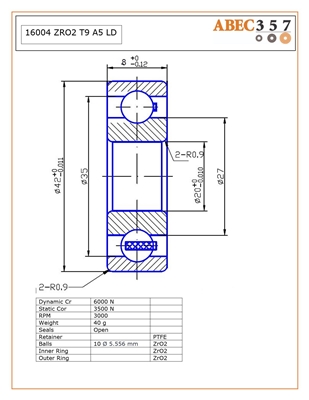 16004 ZRO2 T9 A5 LD, KIT7682, 20x42x8 mm, ABEC357, Full Ceramic, Zirconia ZrO2 Inner/Outer/Balls, Open, PTFE Retainer, C0 Fit, ABEC #5, Lube Dry.