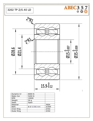3202 TP Z/S A5 LD, 15x35x15.9 mm, ABEC357, Full Ceramic Double Row, Open, Zirconia ZrO2 races, Grade 5 Si3N4 Ceramic Balls, Peek Retainer, ABEC #5, Lube Dry.