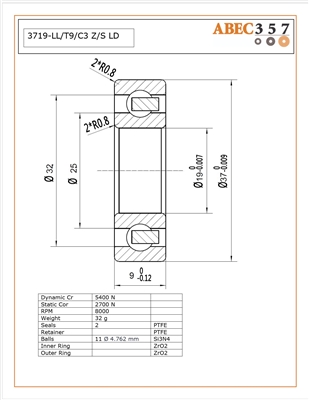 3719-LL/T9/C3 Z/S LD, 19x37x9 mm, ABEC357, Full Ceramic, Zirconia ZrO2 Inner/Outer, Grade 5 Si3N4 Ceramic Balls, PTFE Retainer, PTFE Seals, C3 Fit, Lube Dry, KIT8410.