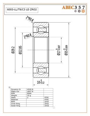 6003-LL/T9/C3 LD ZRO2, 17x35x10 MM, KIT12324, FULL-6003-2RS-CERAMIC-ZR02-30, ABEC357, Full Ceramic, Zirconia ZrO2 Inner/Outer/Balls, PTFE Retainer, PTFE Seals, C3 Fit, Lube Dry.