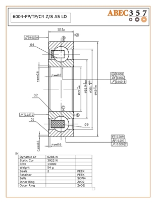 6004-PP/TP/C4 Z/S #5 LD, 20x42x12 mm, KIT14548, ABEC357, Full Ceramic, Zirconia ZrO2 Inner/Outer, Grade 5 Si3N4 Ceramic Balls, Peek Retainer, Peek Seals, C4 Fit, ABEC #5, Lube Dry.